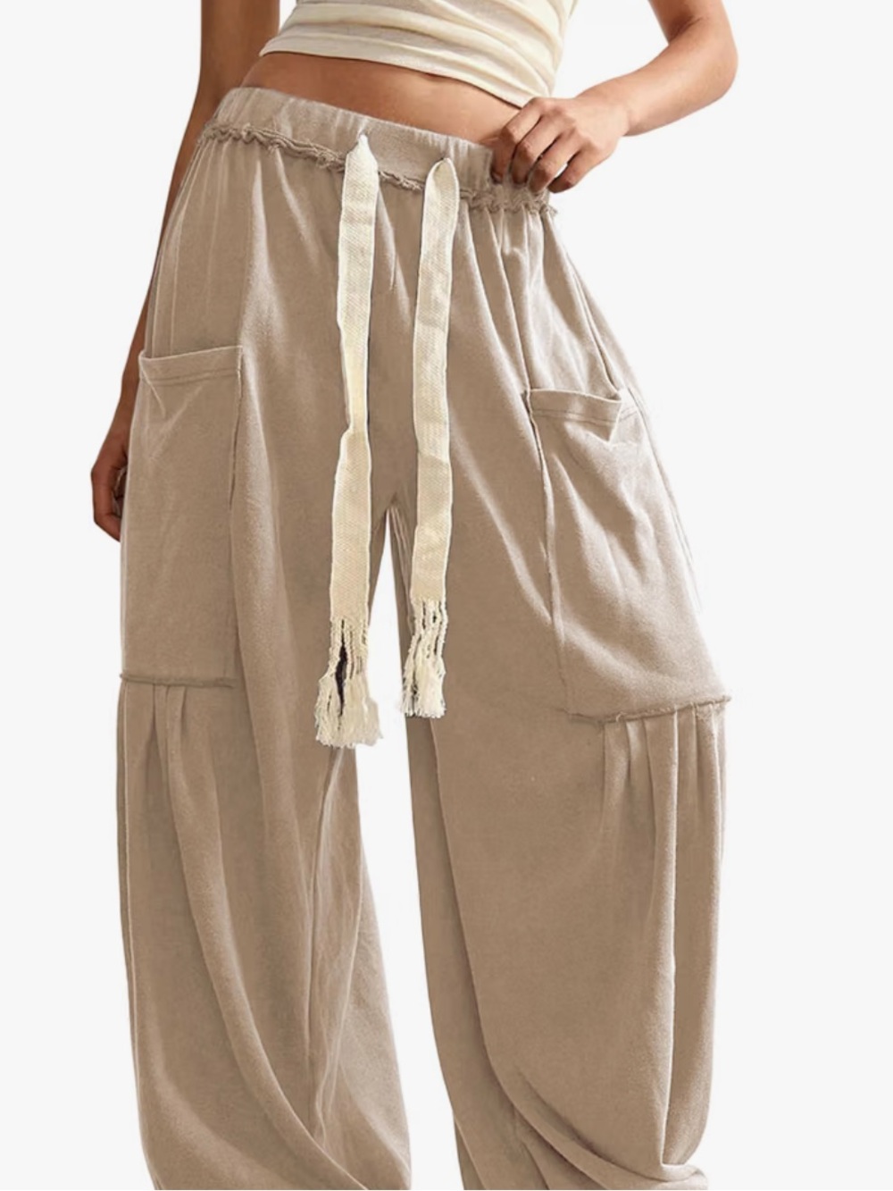 Light Tan Drawstring Springrain Women's Baggy Wide Leg Pants Casual